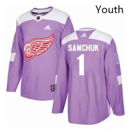 Youth Adidas Detroit Red Wings 1 Terry Sawchuk Authentic Purple Fights Cancer Practice NHL Jersey